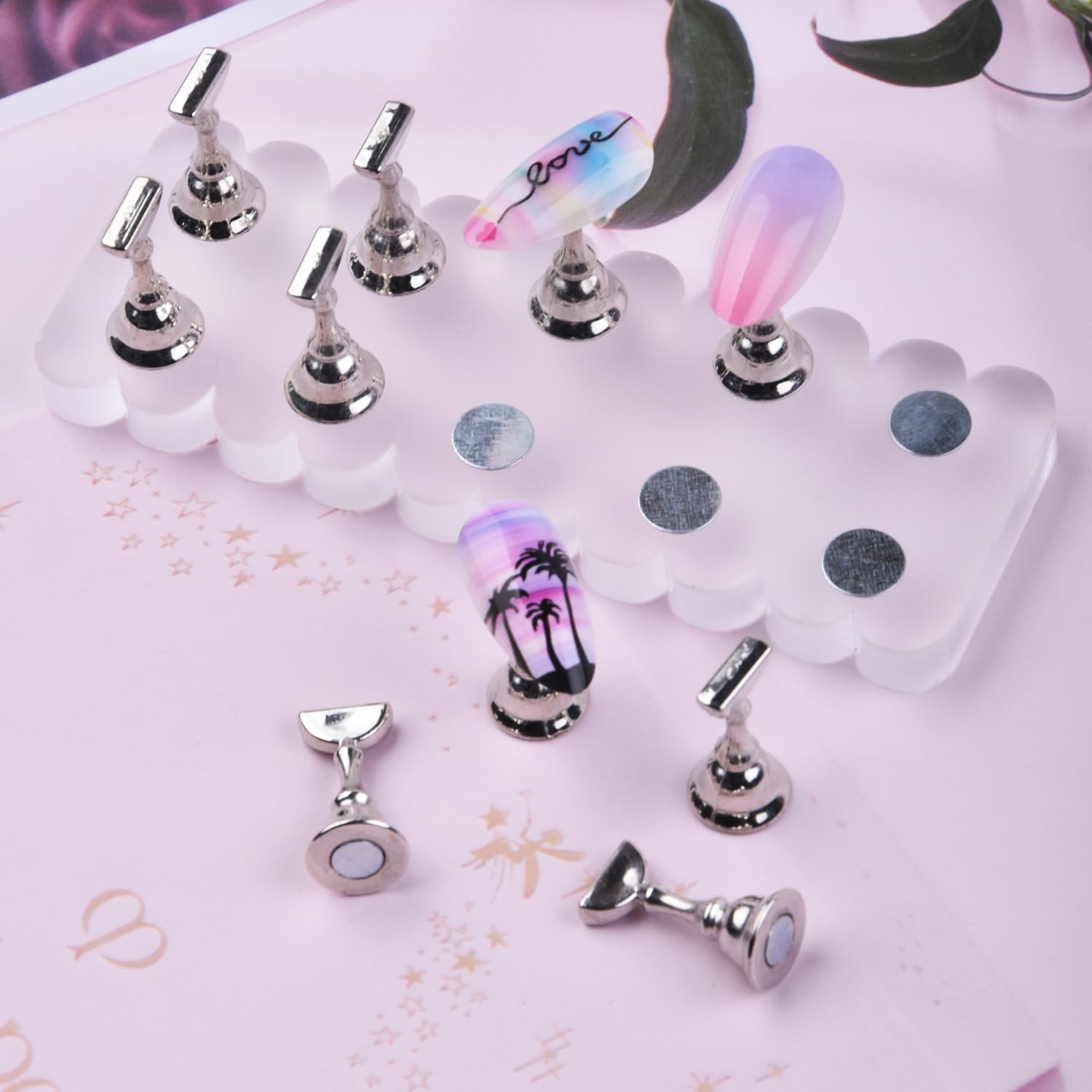 LEQ 1 Set Nail Stand for Press on, Big Wave-shaped Acrylic Nail Holder for Painting Nails Magnetic Nail Art Practice Display Stands Holders with 48 Pcs Reusable Adhesive Putty