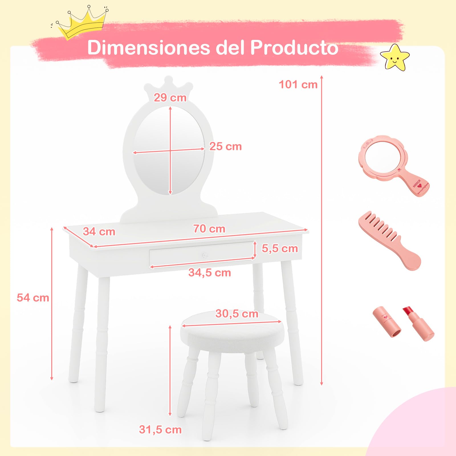 COSTWAY Tocador de Maquillaje con Taburete y Espejo para Niña, Escritorio Madera 2 en 1 con Cajón, Infantil +3 Años, 70x34x101 cm (Blanco)