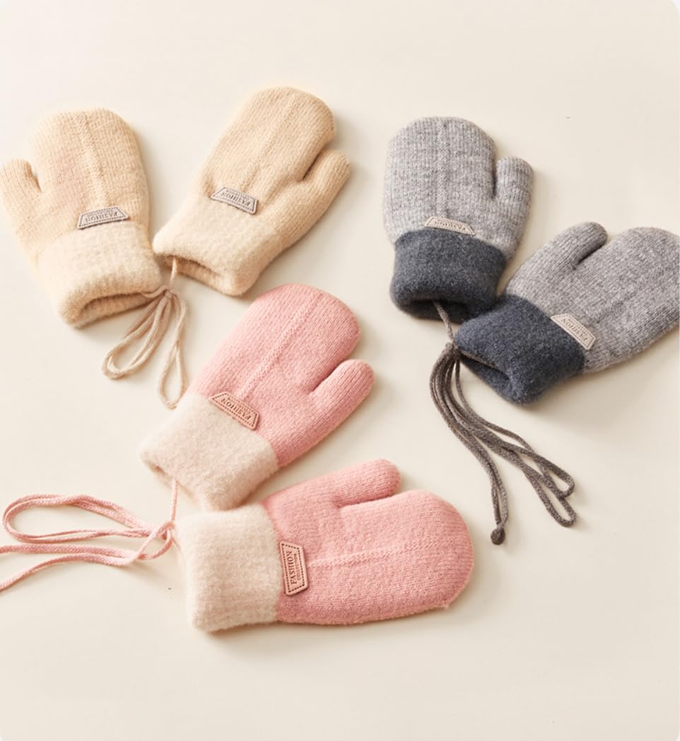 Moufle Enfant Chauffant Hiver Gants Peluche Douce Moufles Plein-doigts Epais Mitaines Tricoté Crochet Gant de Plein Air Ski Snowboard Vélo Anti-froid avec Corde Anti-perdu pour Fille Garçon 1-6 Ans
