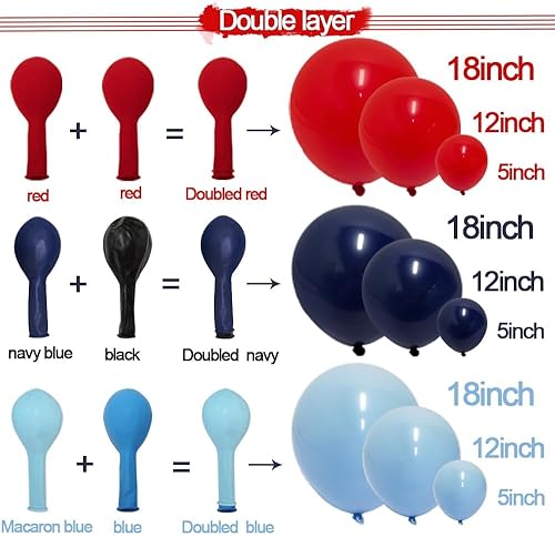 Miniatura 3 de Guirnalda de globos azul marino y rojo de doble relleno, globo azul macarrón rojo real, kit de arco de globos de látex rojo de alta calidad para