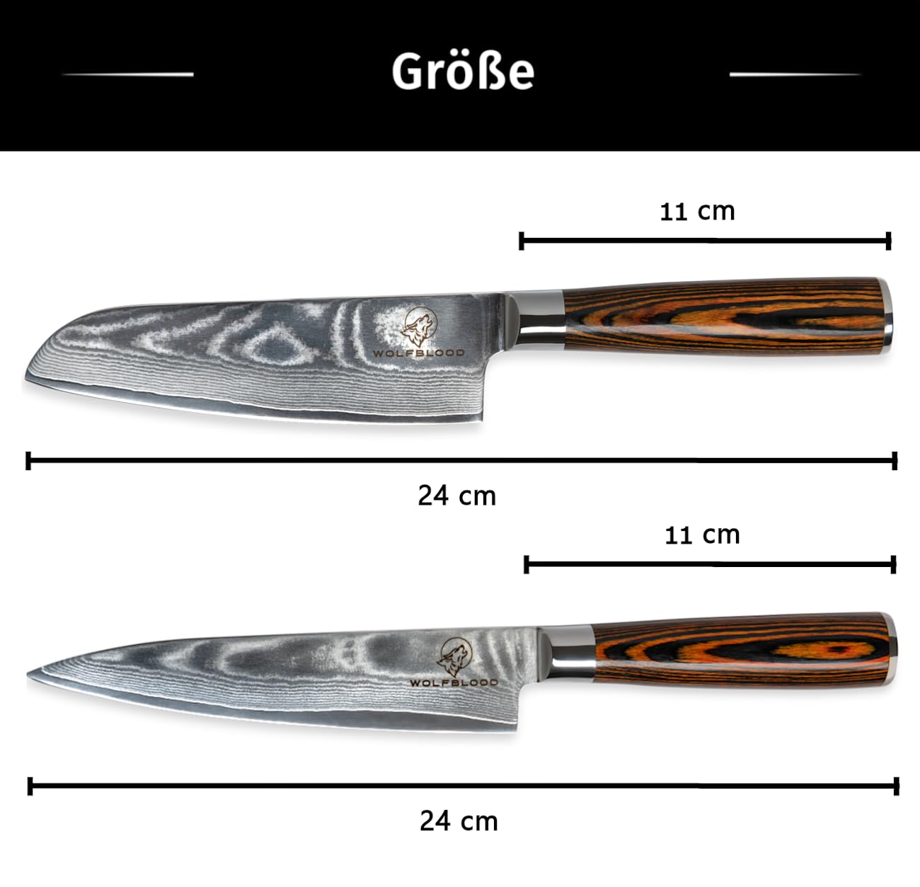 Wolfblood Damastmesser Set 2er (24cm/13cm Klinge) TÜV geprüfter 62 HRC Damaststahl aus 67 Lagen I Damast Küchenmesser Set mit Santokumesser Chefmesser Holzgriff Geschenkbox & Klingenschutz