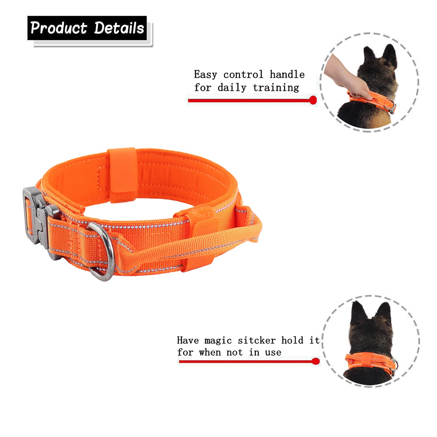 Collar táctico para perro con hebilla de metal resistente y asa de control para entrenamiento de perros medianos y grandes (naranja, XL)