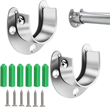 2 Pack Stainless Steel Wardrobe Rail Bracket, U-Shaped Rod Holder for Closet Rods & Shower Curtain End Support Sockets 25mm