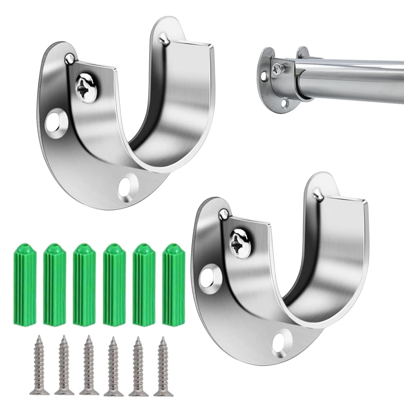 2 Pack Stainless Steel Wardrobe Rail Bracket, U-Shaped Rod Holder for Closet Rods & Shower Curtain End Support Sockets (25mm)