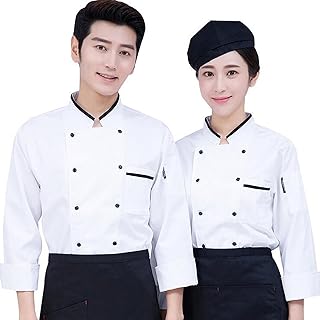 Chef Coat, Chef Jacket Unisex Men Women Chef Jacket Chef Coat, Unisex Professional Chef Work Wear Uniform Long Sleeve, Black and White Available (Color : White, Size : A(M))