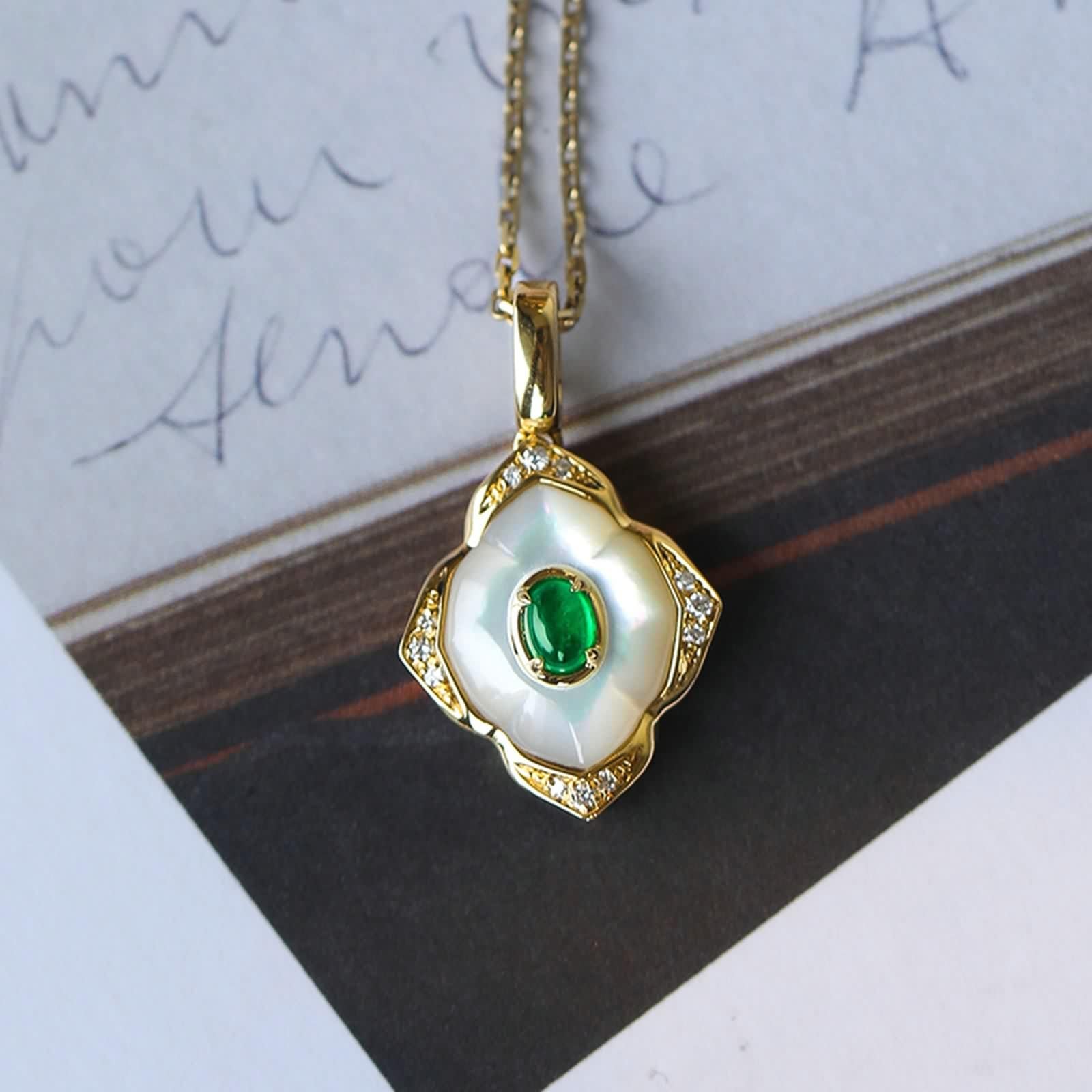 Anhänger Halskette Damen, Modeschmuck Kette Lang Grün Smaragd 0.15 Karat Echter Schmuck 9/14/18 Karat Gelbgold mit Diamant