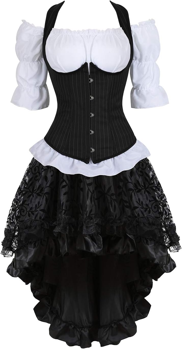 Grebrafan Steampunk Corsets Skirt Blouse Set 3 piece Office Pinstripe Corset Outfits