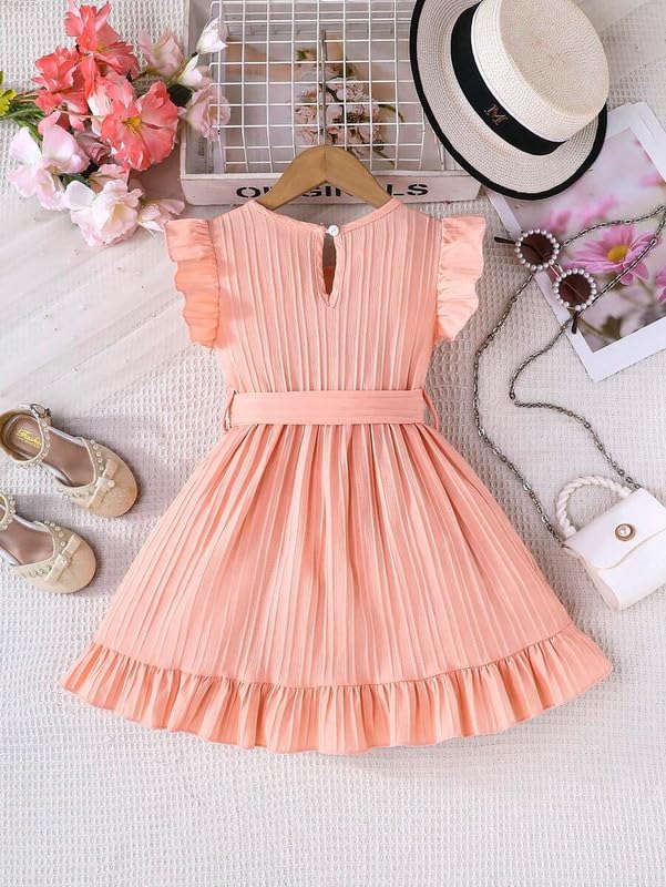 Image of Niren Enterprise Girls' Frill Pleated Design, Ruffle Sleeves, Bow Waist, Elegant Summer & Birthday Party Dress