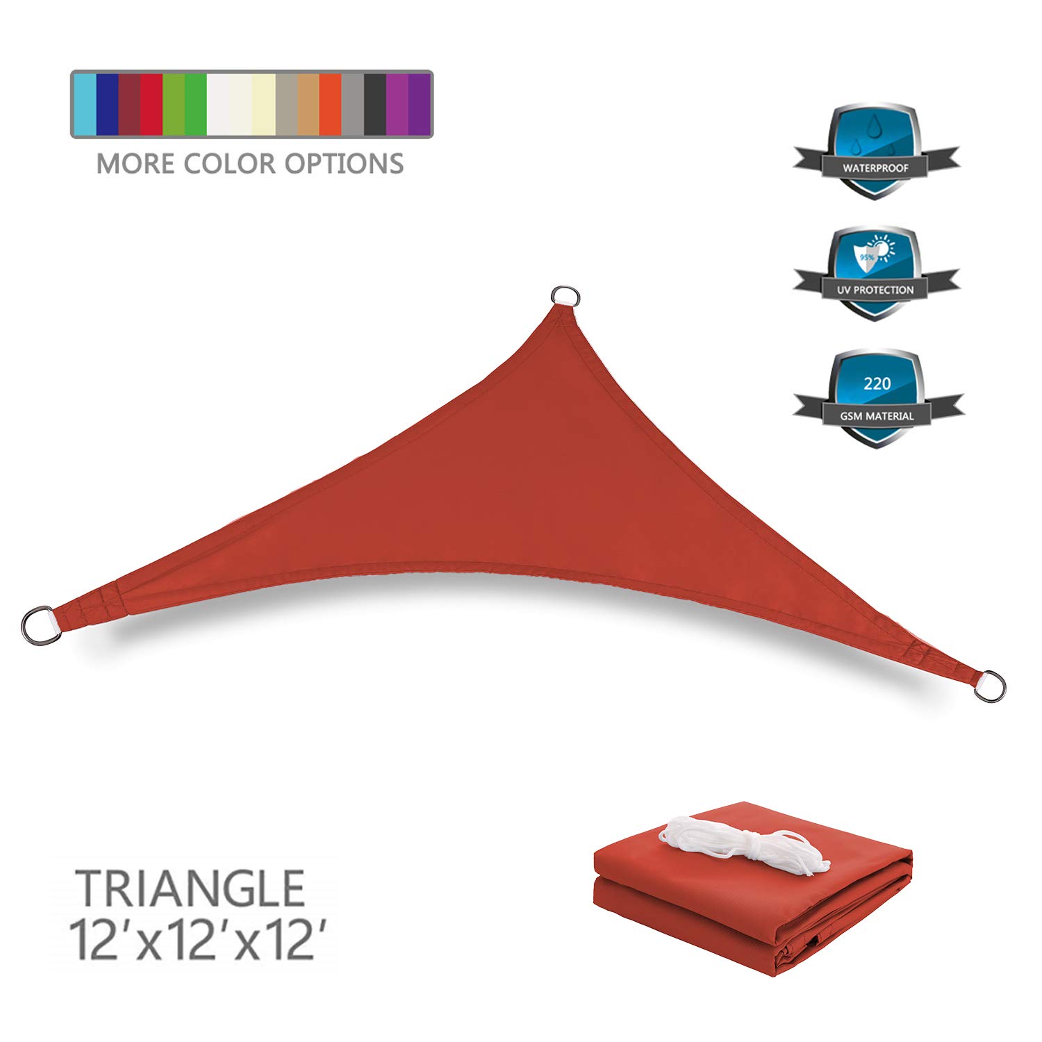 TuositeTerylene Waterproof Sun Shade Sail UV Blocker Sunshade Patio Equilateral Triangle Knitted 220 GSM Block Fabric Pergola Carport Awning 12' x 12' x 12' in Color Iron Red