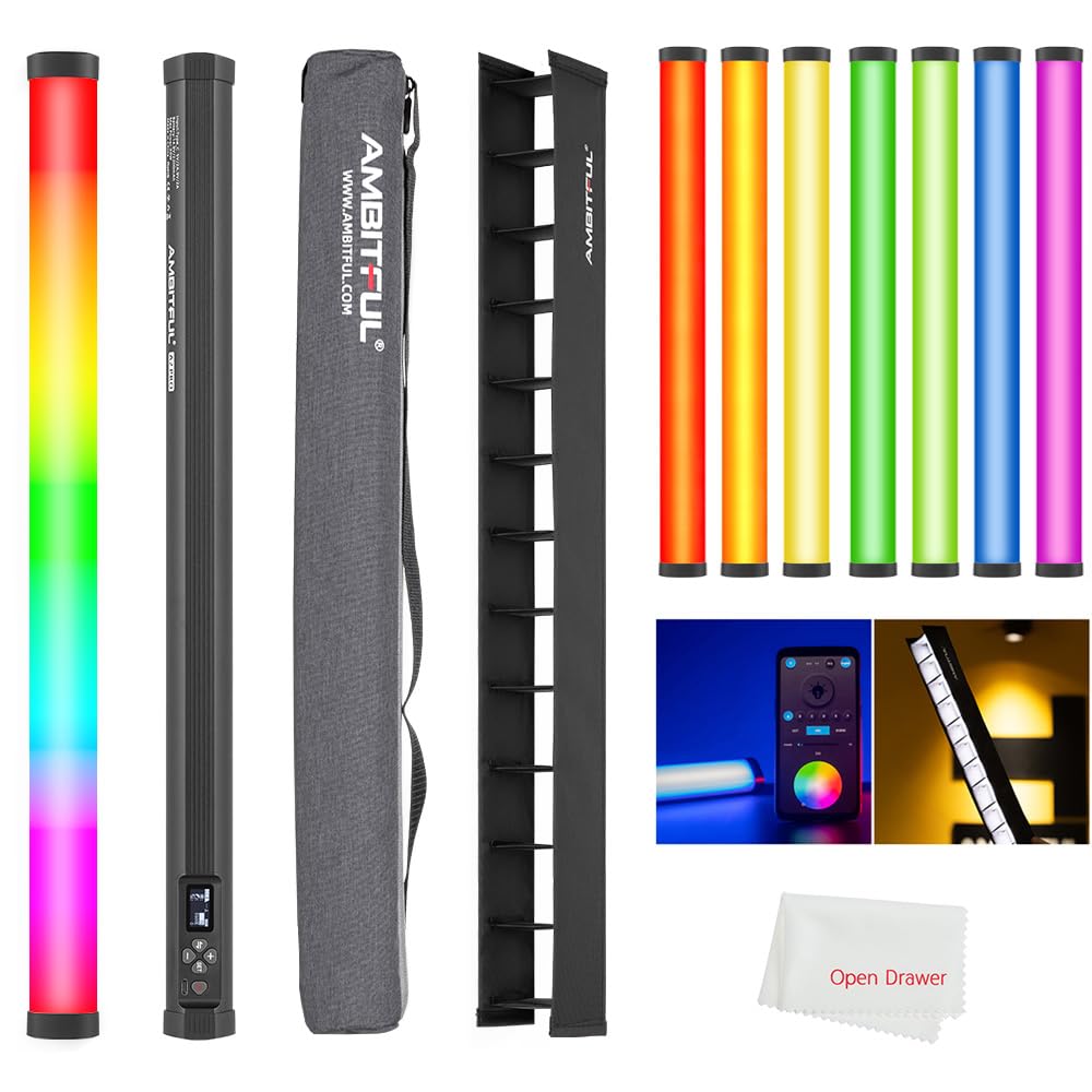 AMBITFULRGB A2 Full Color Tube Light, 2500K-8500K CRI 95 TLCI 97 RGB Video Light, RGB CCT HSI Mode, 22 FX Light Effect, Support App Control, Magnet Design (A2 Pro (1 PCS) with Grid)