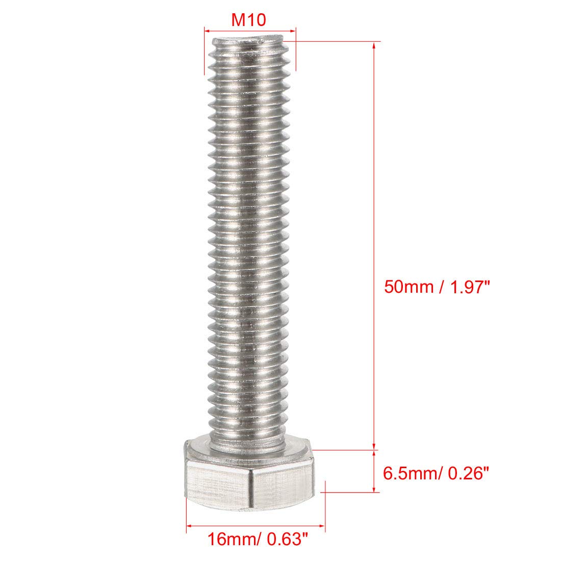 uxcell M10x50mm Hex Bolts 304 Stainless Steel Hexagon Screw Bolt 6pcs