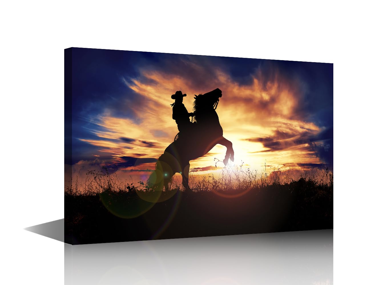 1 Panels Modern Wall Art Cowboy Rearing his Horse at Sunset Pictures Print on Canvas for Home Office Wall Decorations Stretched Framed Gallery-Wrapped Ready to Hang