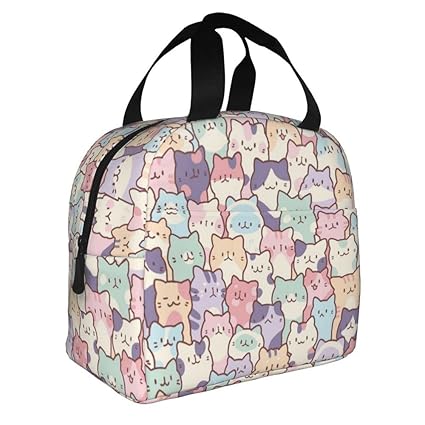 KXZOYLM Colorful Cat Lunch Bag Cartoon Animal Insulated Lunch Bag With Spacious Compartment & Built-In Handle Reusable Cute Cats Lunch Box For Women Men Home Office Outdoor Use- 8.5 x 5 x 8 inch