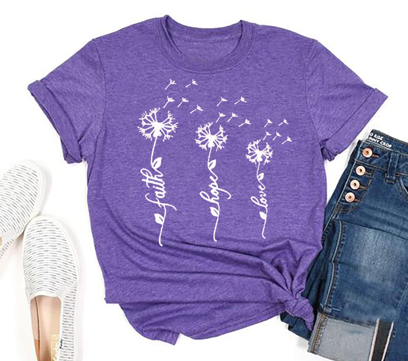 SusongethDandelion Faith Hope Love T-Shirt for Women Funny Letter Print Short Sleeve Casual Tee Tops, Purple-1, M