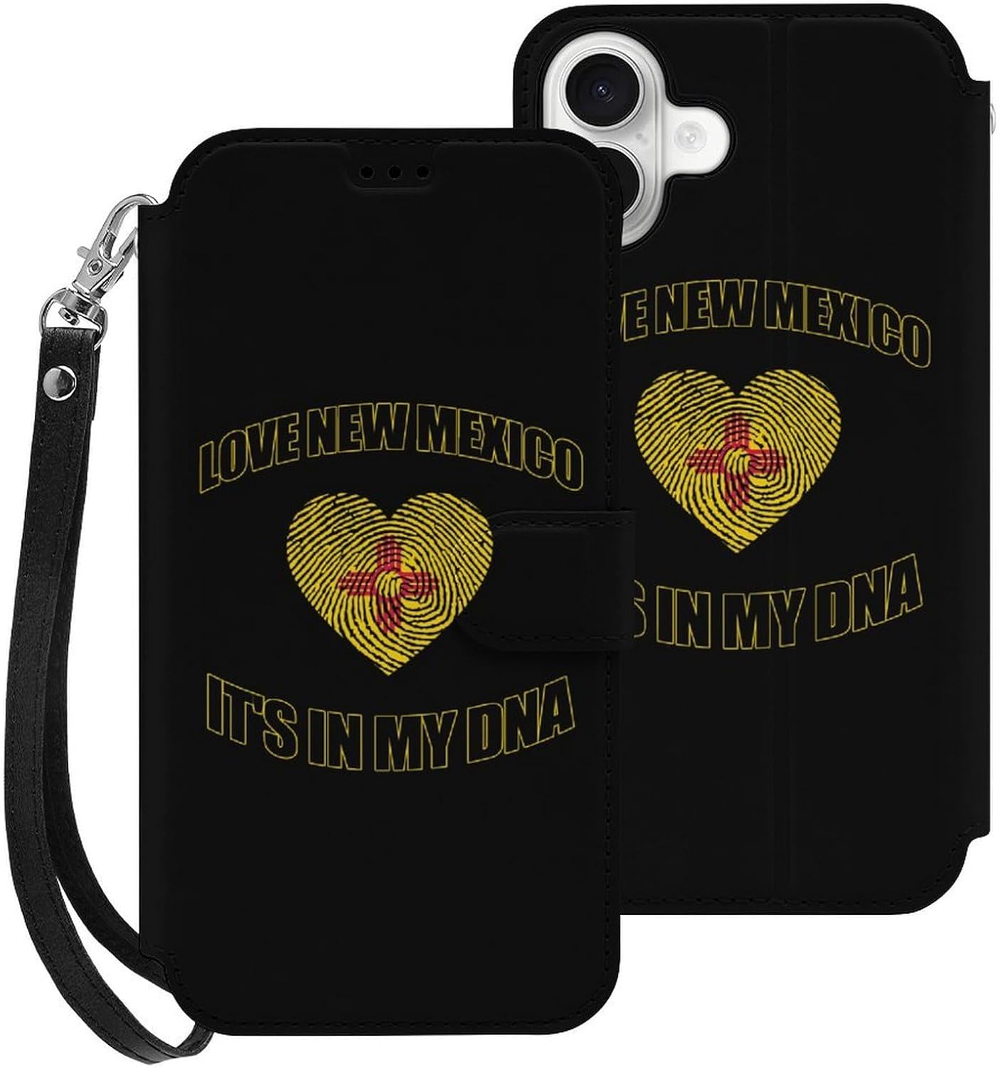 Love New Mexico State My DNA Compatible with iPhone 16/16 Plus/16 Pro/16 Pro Max/16 E Case Phone Wallet Card Holder Flip Cover with Wrist Strap