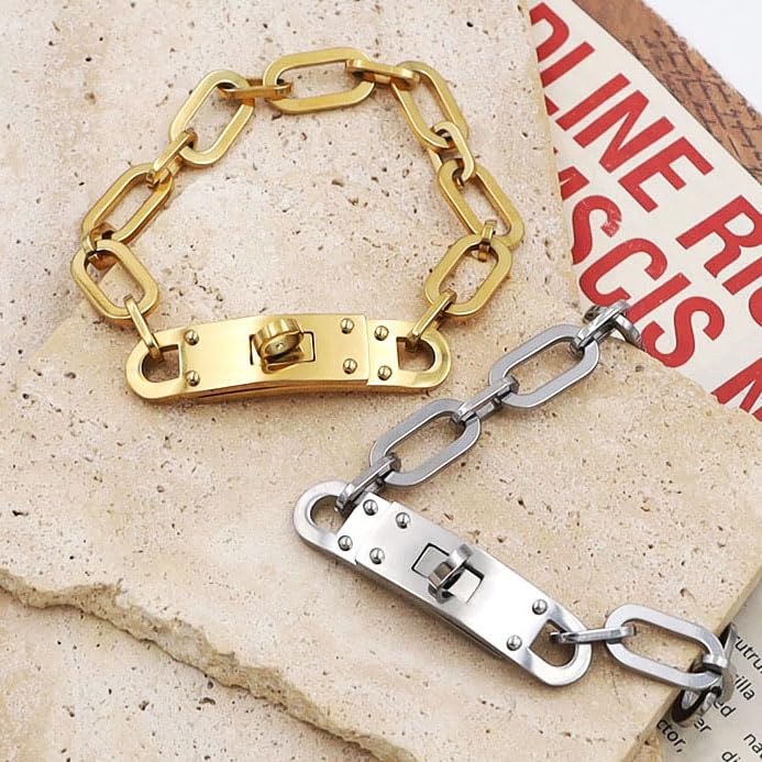 18K Gold Plated Turn Lock Bracelet,Classical Fashion Stainless Steel Chain Bracelet for Men and Womens3