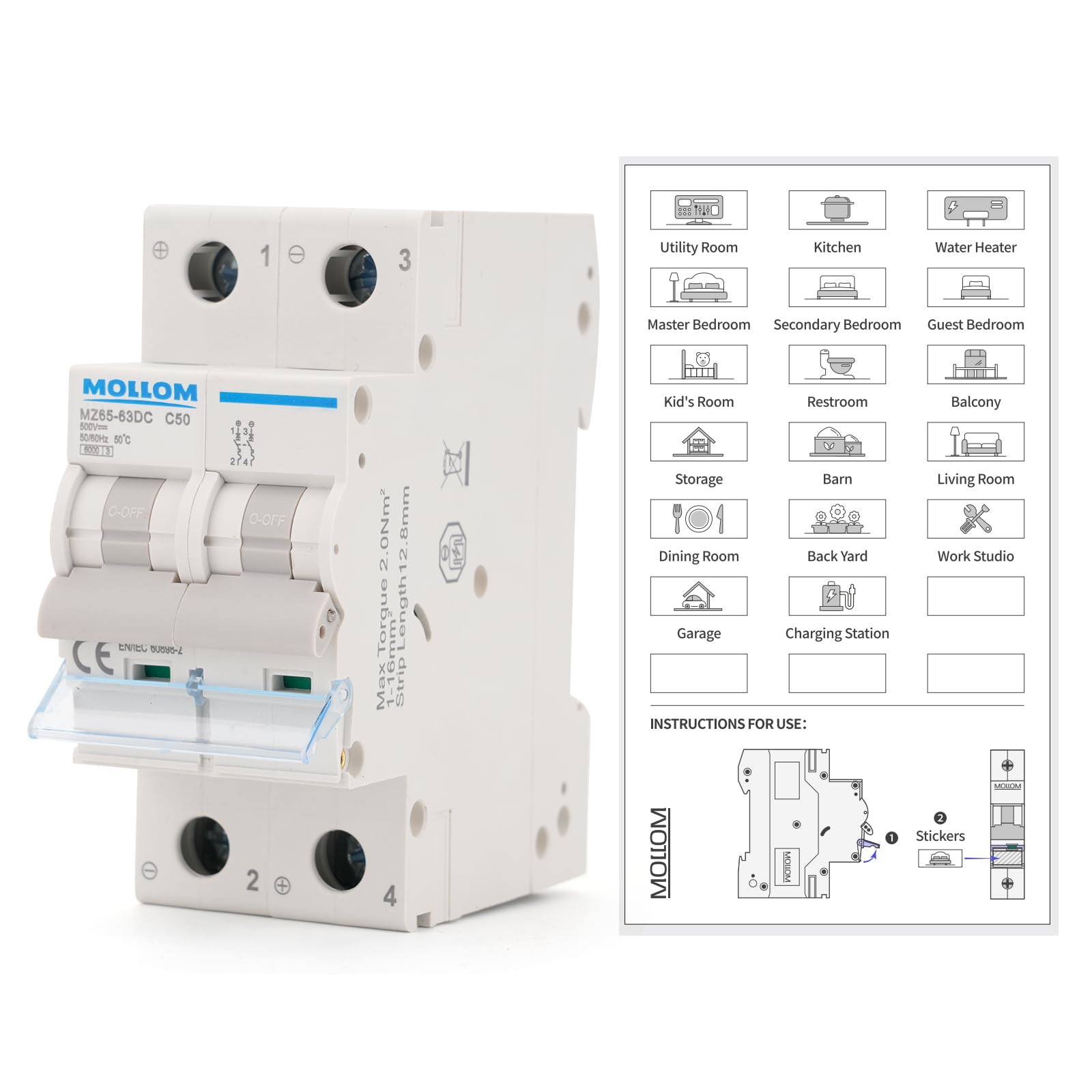 MOLLOM DC 2 Pole Miniature Circuit Breaker, 500V 50Amps, C50 Scene Visualization Custom MCB Thermal Magnetic Trip, 6KA Breaking Capacity DC Disconnect Switch for Solar Photovoltaic System — image 1