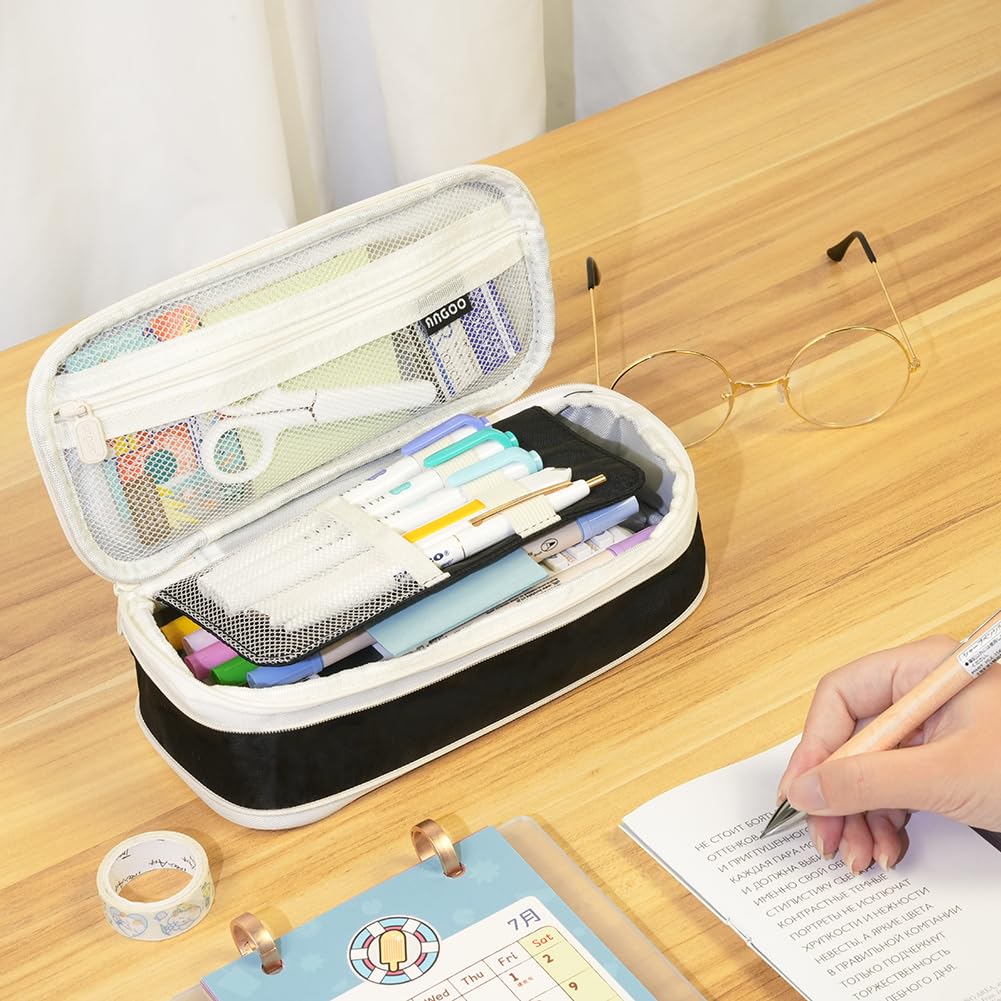 MAMUNU Big Capacity Pencil Cases with Compartments Pencil Pouch Aesthetic for Teen Students Expendable Stationery Organizer Pen Bag for College School Office (Black) - Image 3