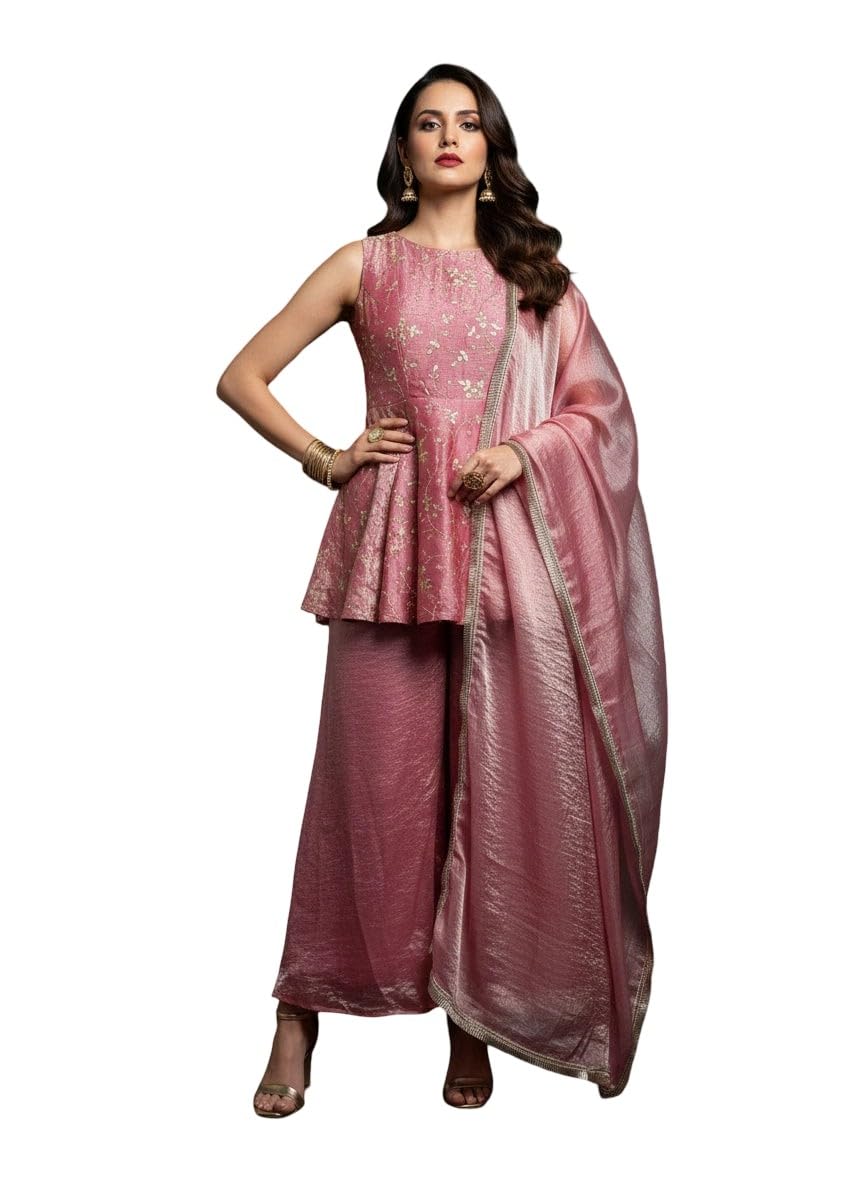 Women's Embroidered Peplum Kurta with Palazzo & Dupatta Set | Elegant Ethnic Wear 3 Piece Suit Set | Festive Traditional Dress for Women-image-10