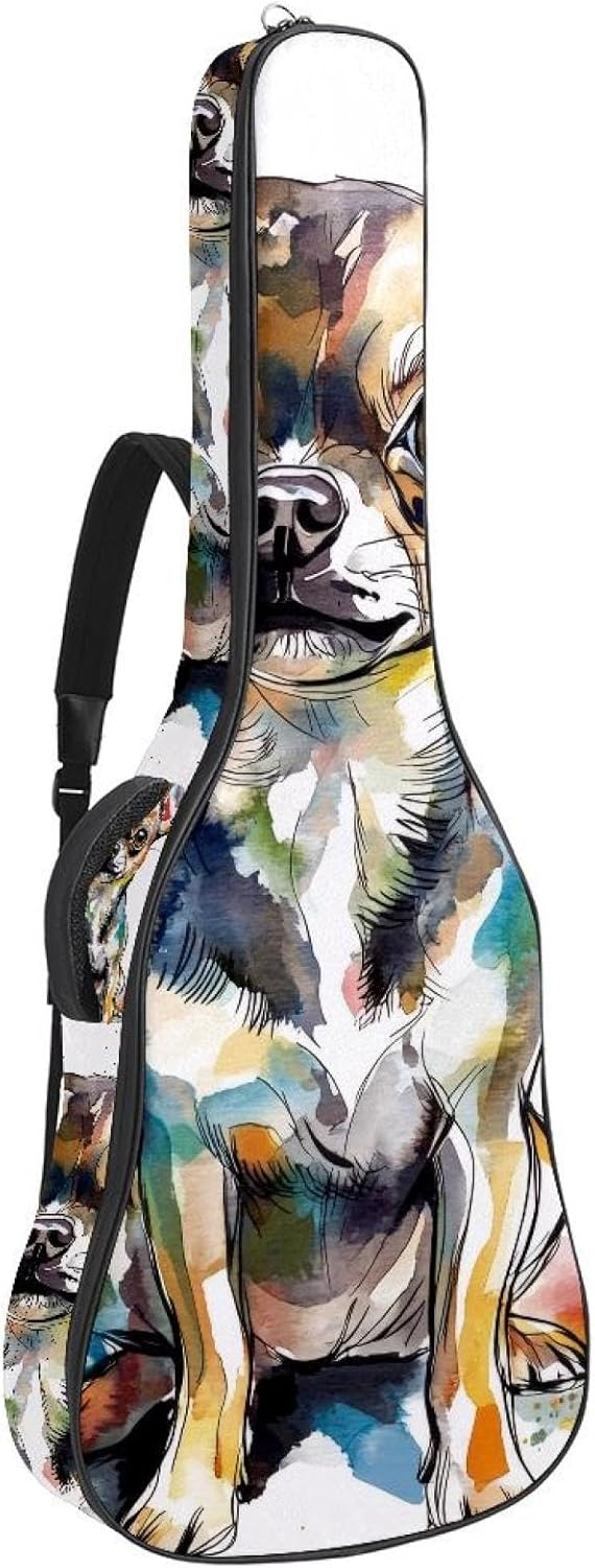 Watercolor Dog Puppy with Flowers Acoustic Guitar Gig Bag, 1 cm Thick Padding Waterproof Guitar Bag Backpack for 40 41 42 Inch Electric Bass Classical Guitars