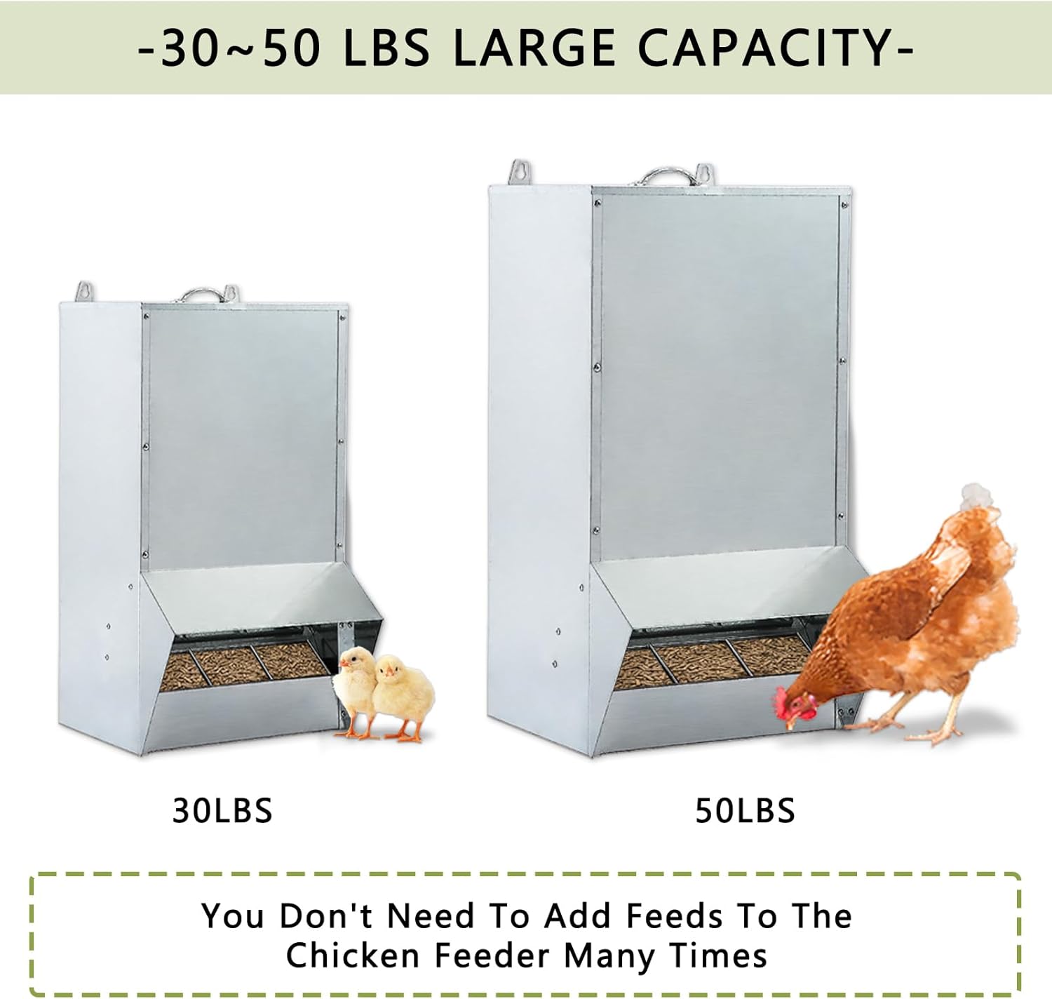 50lbs Capacity Galvanized Chicken Feeder,Outdoor Poultry Feeder with Weatherproof Lid,Hanging Chicken Feeder, Coop Food Dispenser