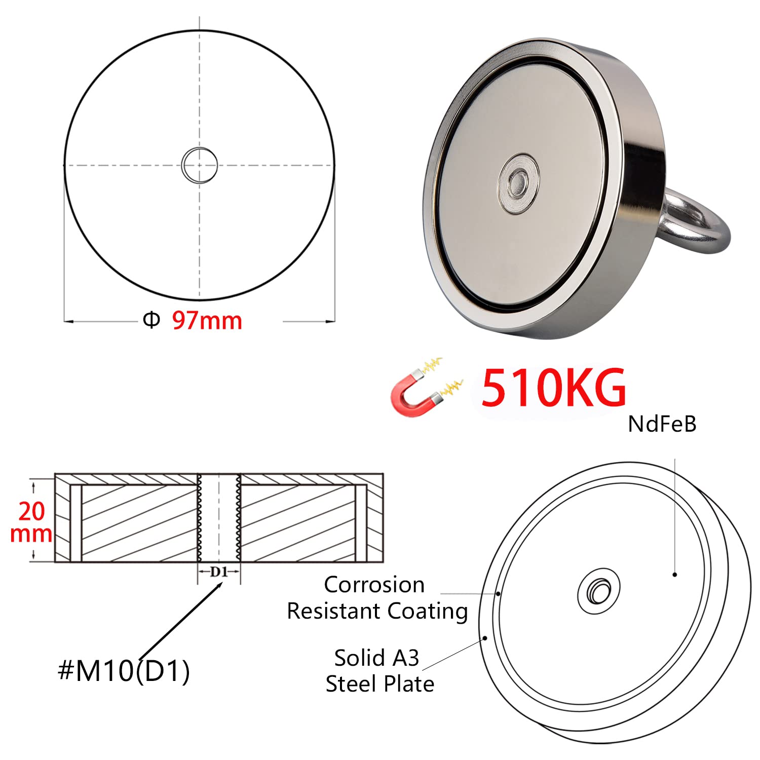 MUTUACTOR Magnete da pesca al neodimio Pull-Force da 510kg, potente magnete di richiamo N52 con corda resistente 15 m,guanti e borsa per il trasporto,magnete magnetico robusto per la caccia al tesoro