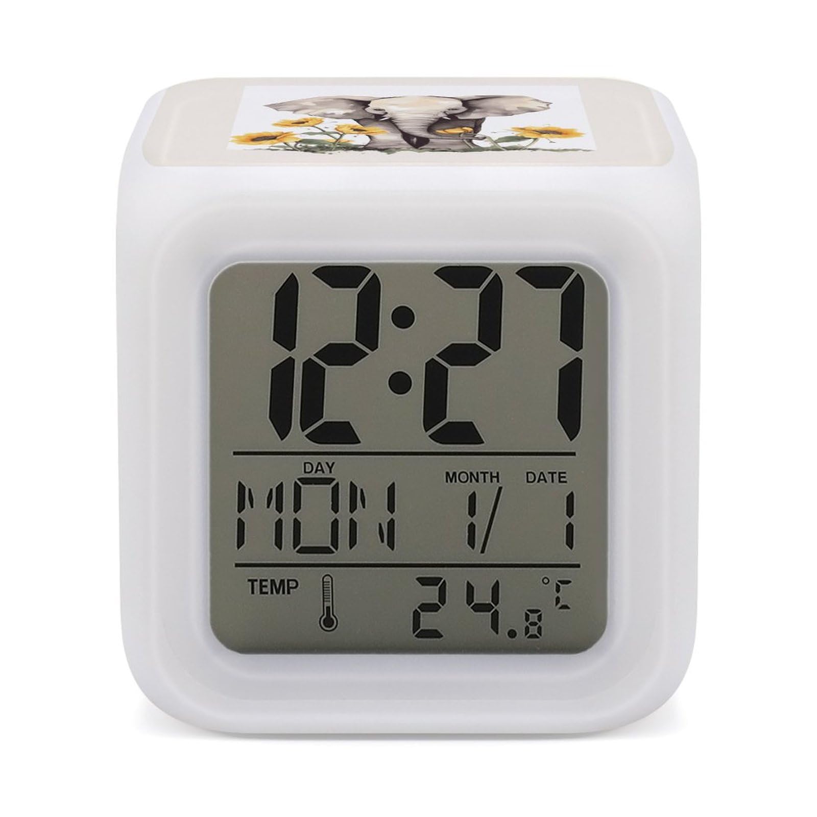 JTREHY 7 Color Changing LED Digital Alarm Clock,Elephant and Sunflower Printed Wake-up Clock with Temperature Display Home Decoration Alarm Clock for Bedroom Office