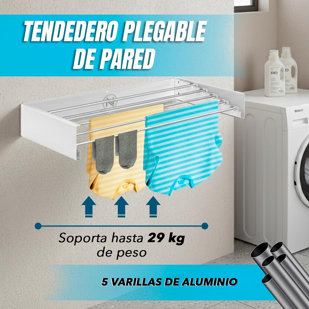 Tendedero Extensible de Pared Retráctil - Tendedero Plegable de Pared para Interior o Exterior - Ahorra Espacio - Compacto - 29 kg de Capacidad - 5 Varillas - 70 cm | Color Blanco