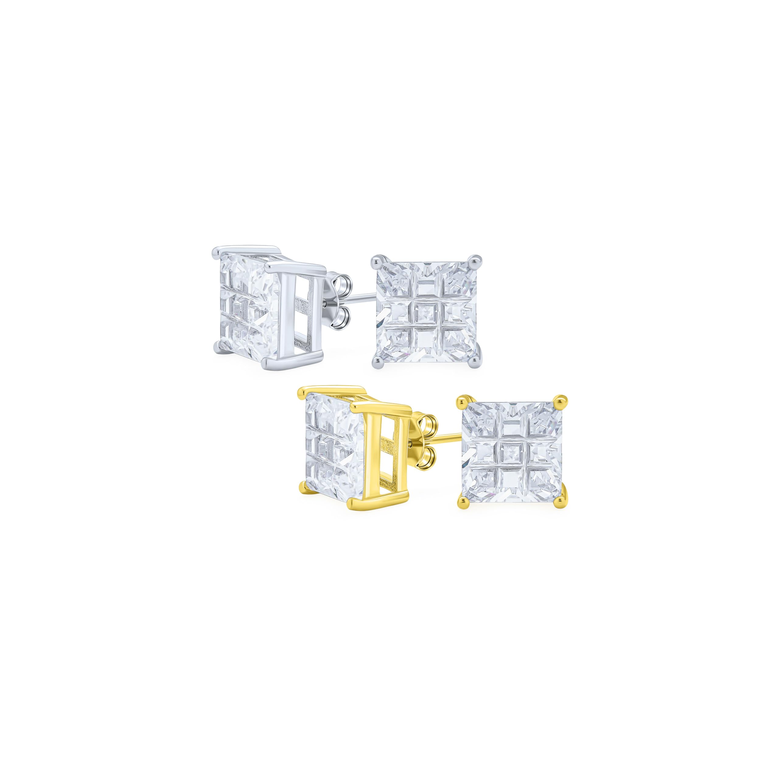 Juego de dos aretes cuadrados transparentes de circonita cúbica AAA corte invisible para hombres y mujeres, chapados en oro y plata de ley .925 de 5MM.