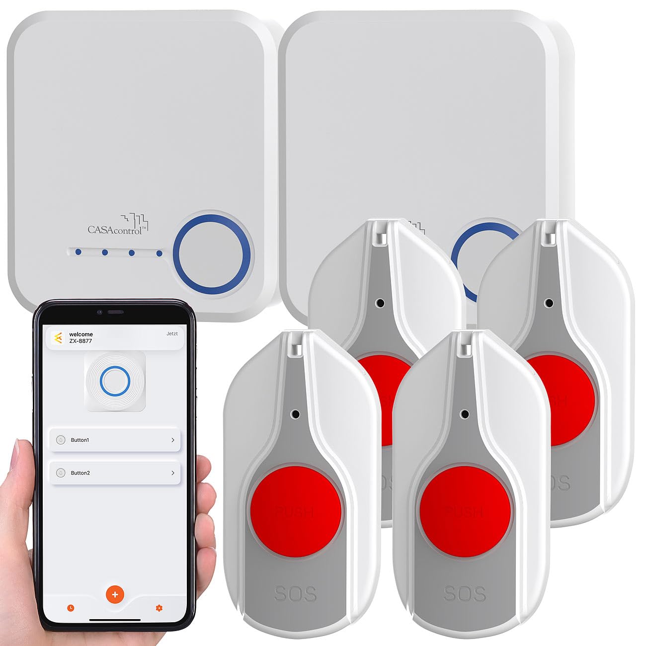 Notruftasten: Smartes SOS-Notrufknopf-Set für Senioren, 4X Sender, 2X Empfänger, App (Smarter SOS-Knöpfe, Notrufgerät)