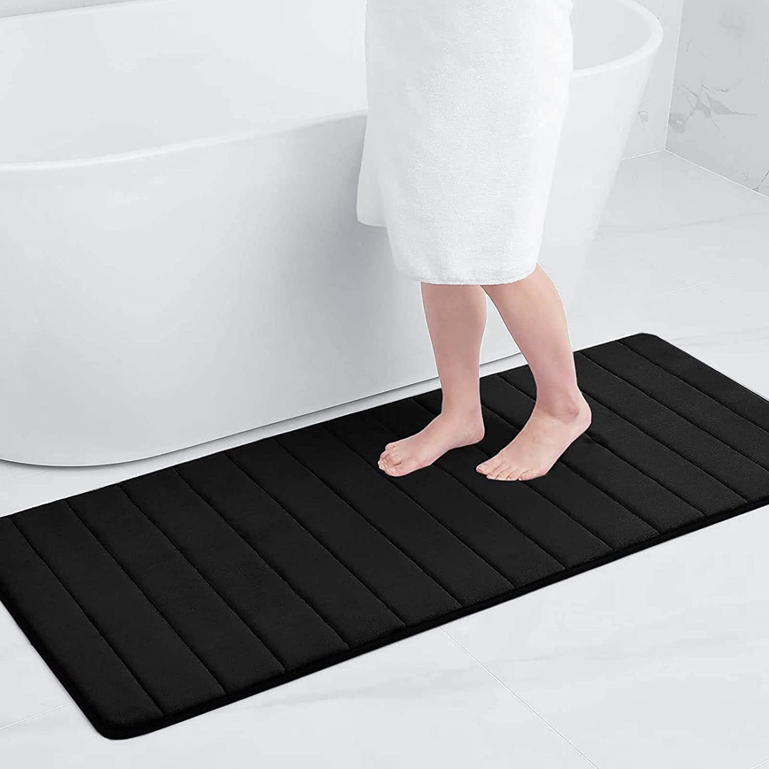 smiry Memory Foam Bath Mat, 60 x 120 cm, Extra Soft Large Bathroom Mat Runner, Super Absorbent Non-Slip Bath Mats for Bathroom Floor Long Machine-Washable Bath Rug Foot Mat, Black