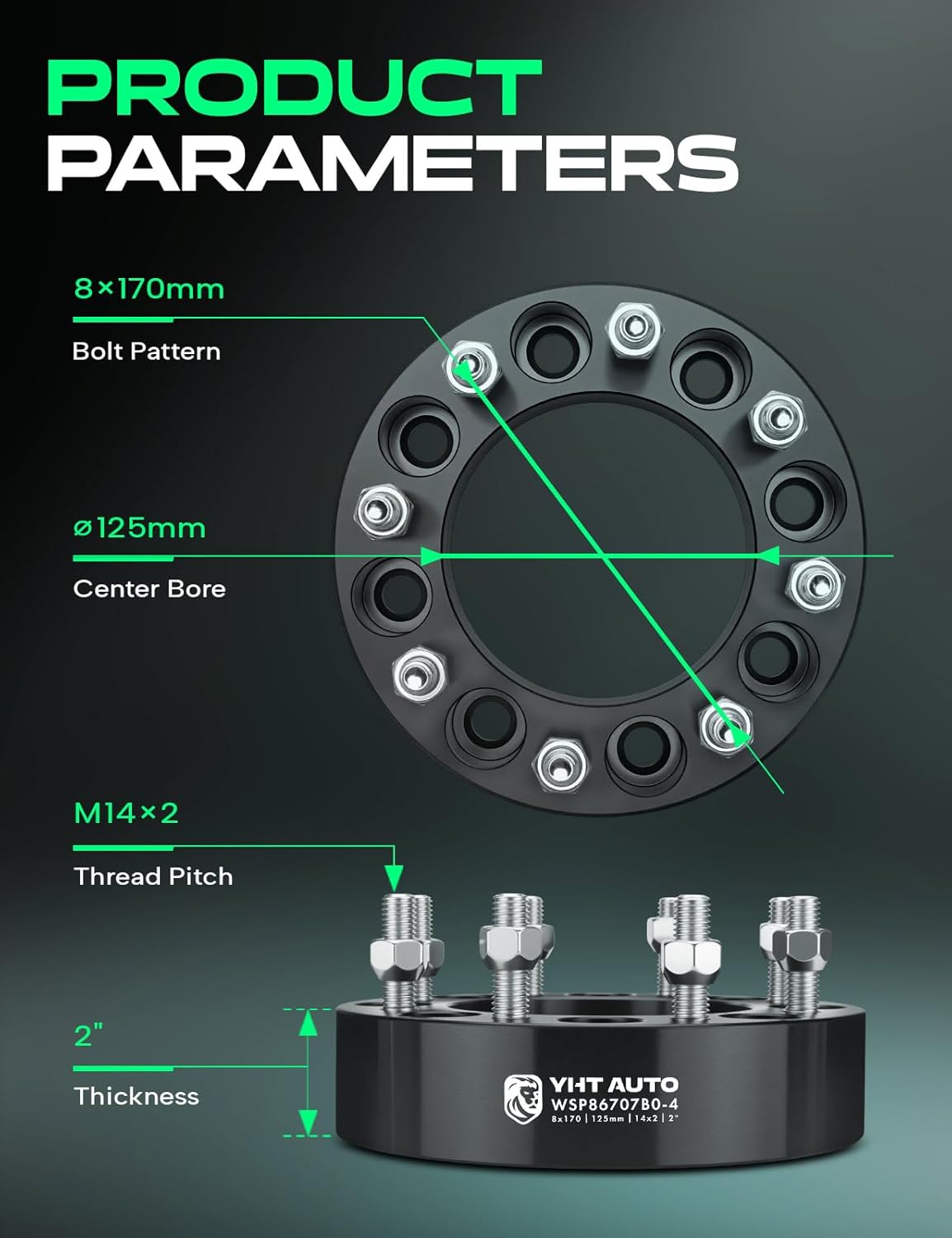 YHTAUTO 8x170mm Wheel Spacers 2 Inch Fits Ford F-250 Super Duty 1999 2000 2001 2002, Excursion 2000 2001 2002 Tire Spacers w/ M14x2 & 12.9 Grade Studs, 125mm Center Bore 8 Lug 4PCS Black