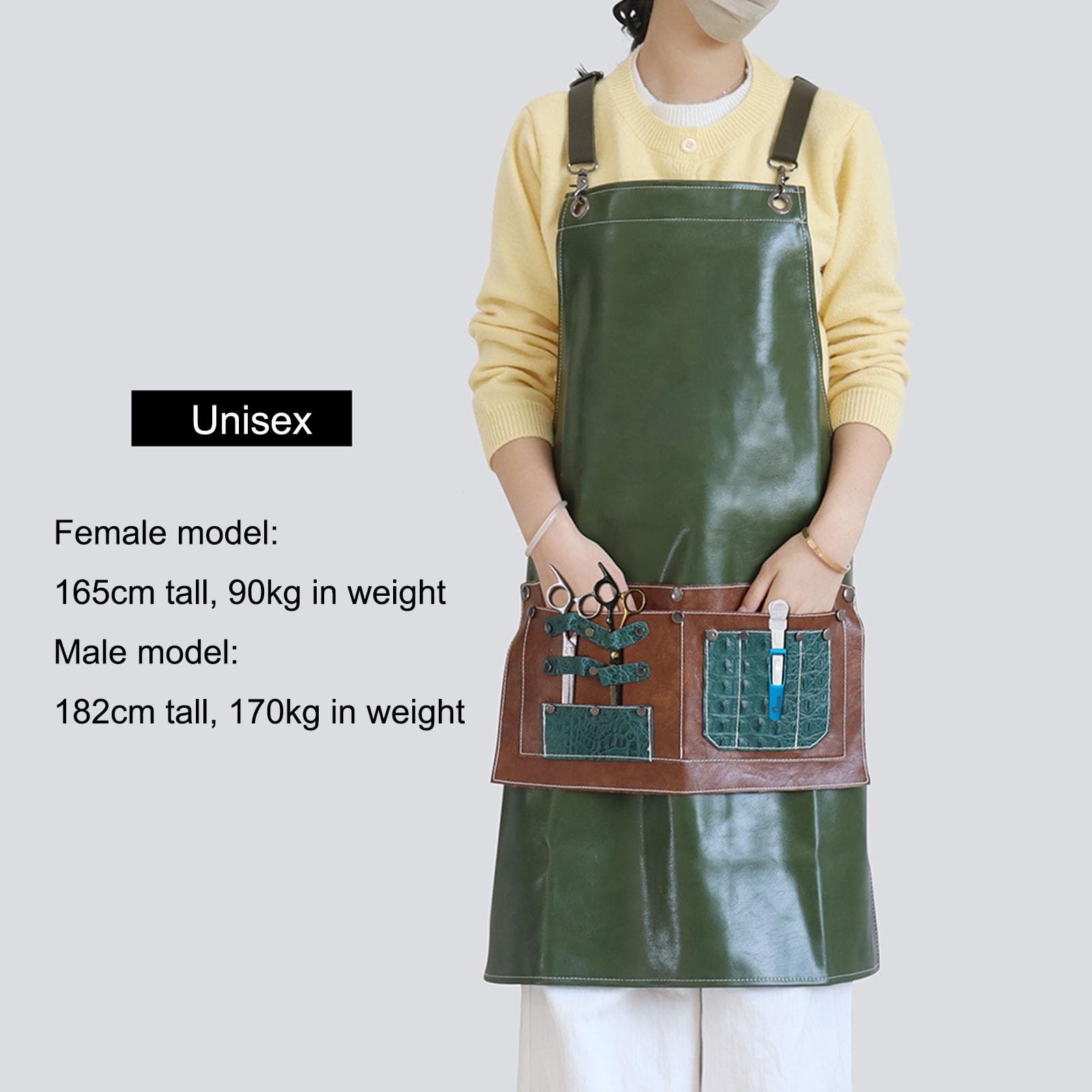 Delantal De Peluquero De Cuero Impermeable Ajustable Espalda Cruzada Delantales De Trabajo con Bolsillos Extraíbles para Hombres Y Mujeres Apto para Baristas Restaurantes Floristas