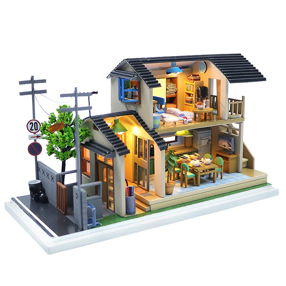 Miniature Japanese Dollhouse Model 3D Wooden Kitchen Bedroom Furniture Diy Dolls House Kits With Dust Cover Birthday For Kid Adult