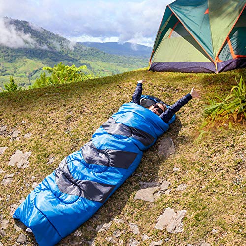 Hihiker Camping Sleeping Bag + Travel Pillow W/Compact Compression Sack – 4 Season Sleeping Bag For Adults & Kids – Lightweight Warm And Washable, For Hiking Traveling & Outdoor Activities (Blue) #TOP4