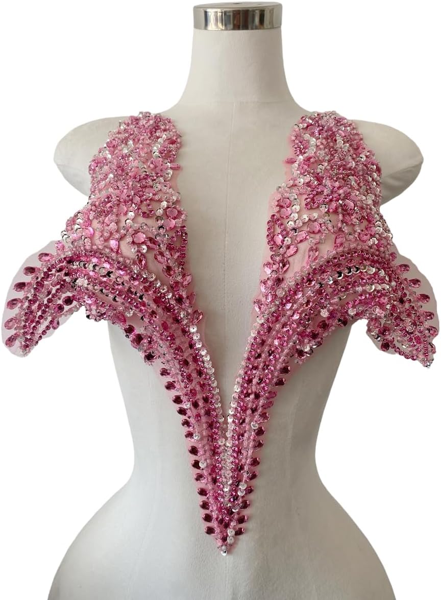 Pure Hand Sewing Beads Appliques sew on Rhinestones Sequins Crystals Trim Patches Accessories for Wedding Dresses DIY 18X18inches (Pink)