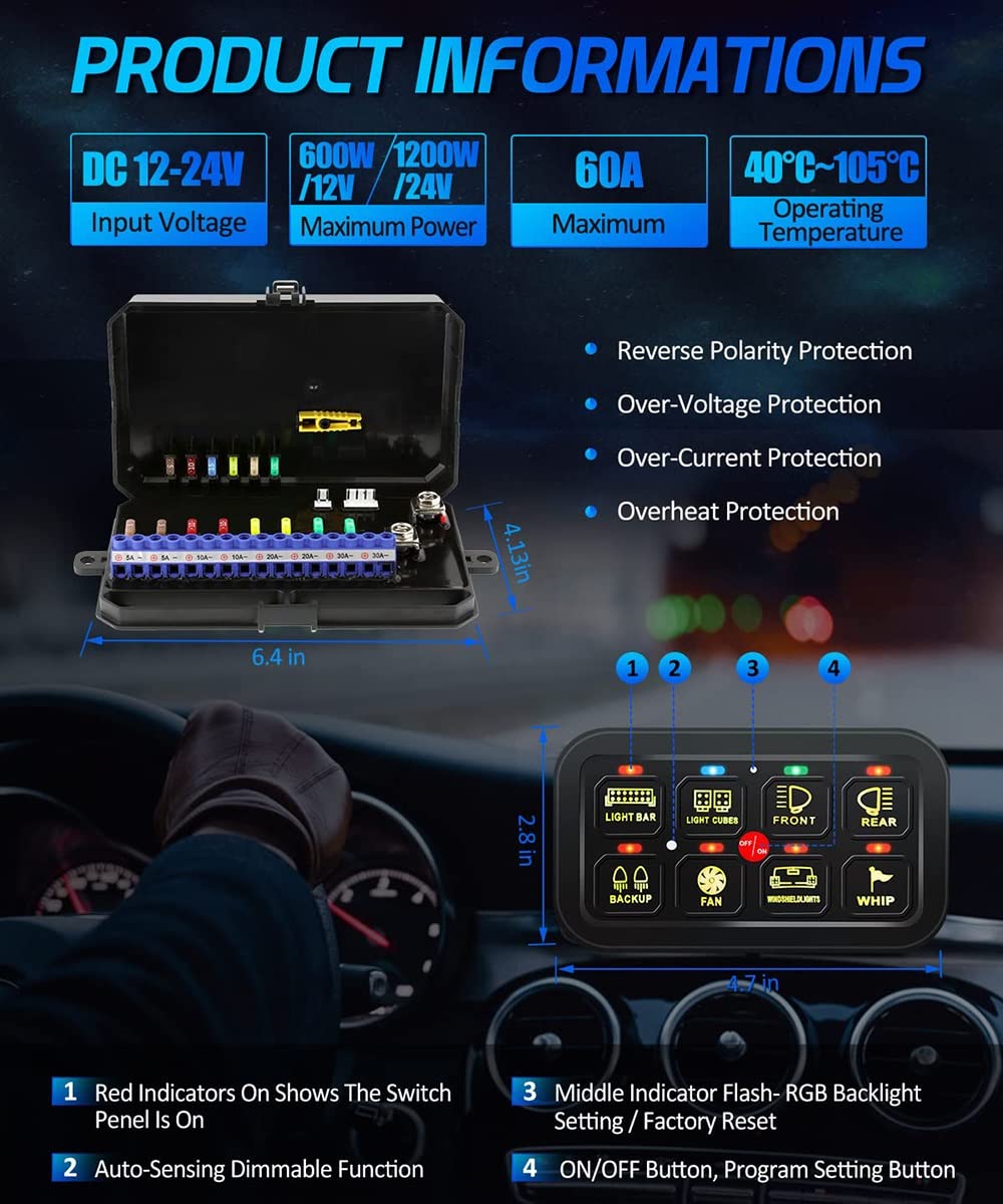 8-kanałowy Panel Przełączników RGB Do Samochodu, Obsługa Sterowania Przez Bluetooth APP, Automatycznie Ściemnialny Panel Przełączników LED, Do Samochodów Osobowych, Ciężarówek, Łodzi, Z Naklejką Na