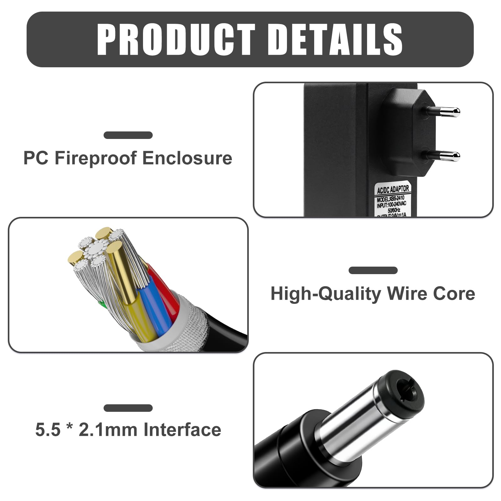 Alimentador 24V 1A 24W AC/DC, Adaptador de Corriente 100-240V con Conector 5.5×2.1 mm, Fuente de Alimentación Estable para Tiras LED, Cámaras CCTV, Routers, Lámparas y Dispositivos Electrónicos — view 2