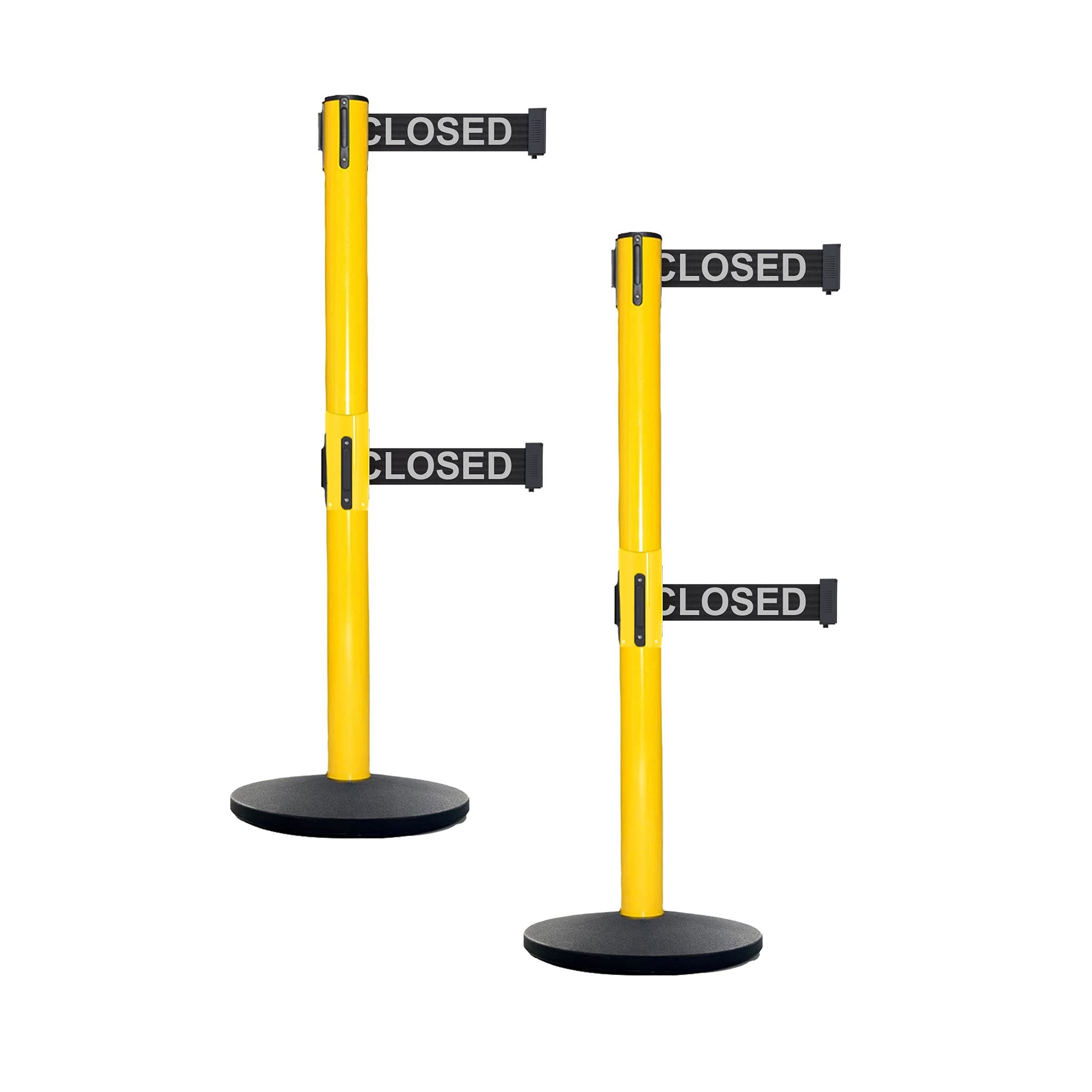 CCW Set of 2 Dual Retractable Belt Barrier Safety Stanchion, Cast Iron, Base Yellow Post, IRBB-100D (11 Foot Belt, Black with 