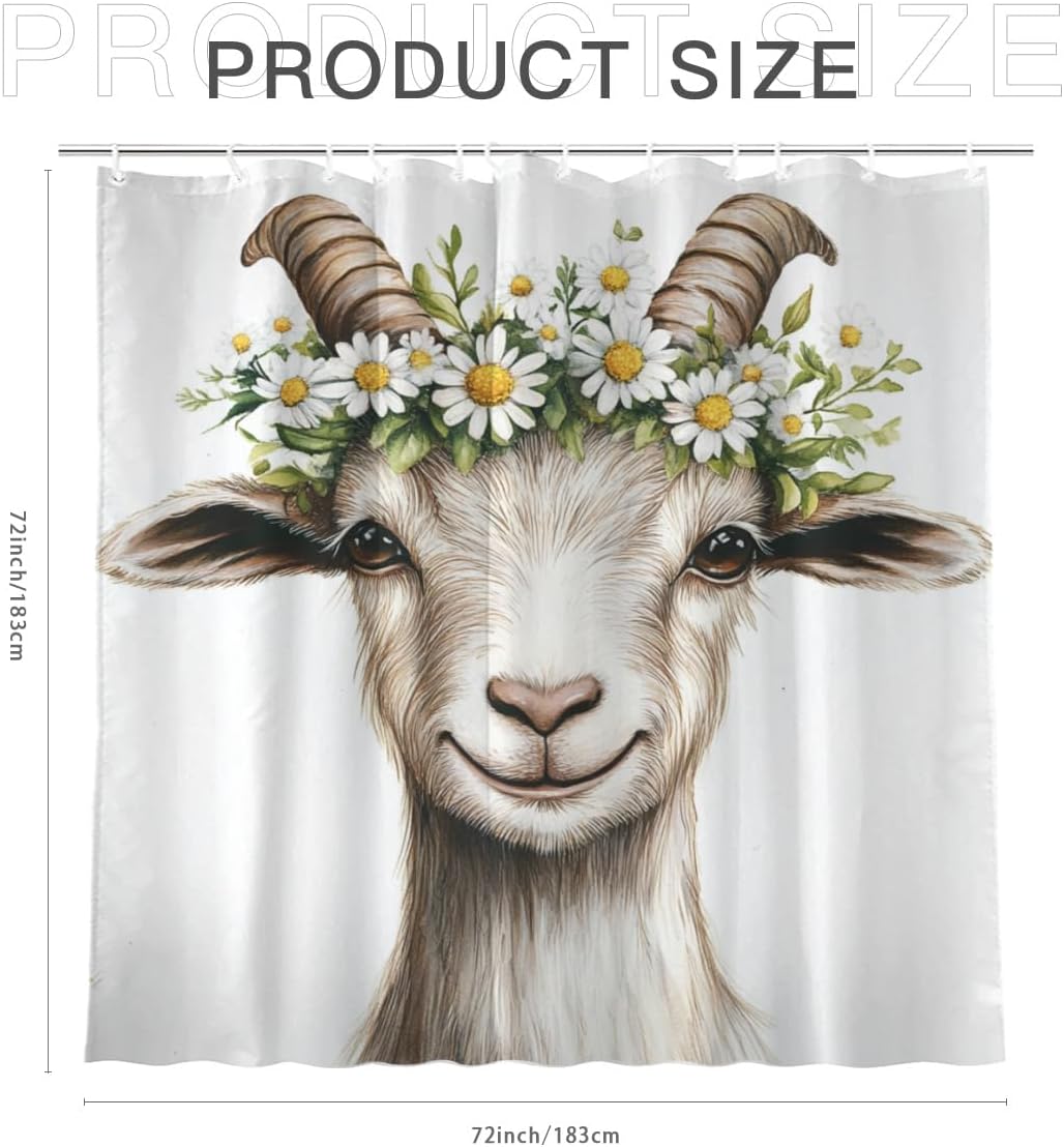 NGZ White Daisy Floral Shower Curtain Goat Shower Curtain Farmhouse Flower Spring Rustic Blossom Fabric Bathroom Decor Set with Hooks（72Wx72 H）