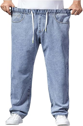 Mens Fashion Classic Jeans Elastic Waist Drawstring Denim Pants Casual Loose Straight Legs Trousers with Pockets