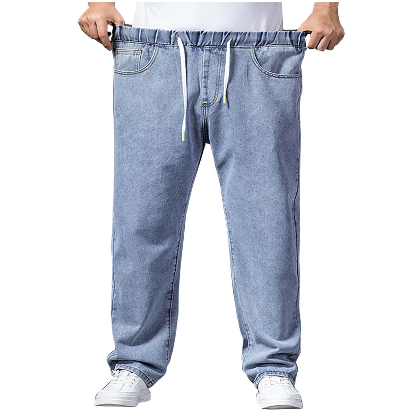 Mens Denim Trousers UK Sale Clearance Basic Plain Loose Jeans Classic  Straight Leg Work Wear Drawstring Elastic Waist Pants Casual Cotton Stretchy