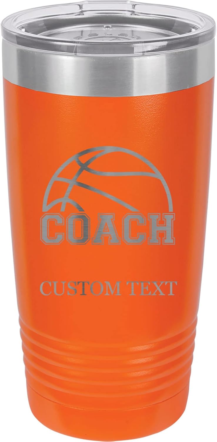 20-Ounce Vacuum Insulated Stainless Steel Tumbler Customized Double-Walled Laser Engraved White Coffee Mug, Basketball Coach, Personalized