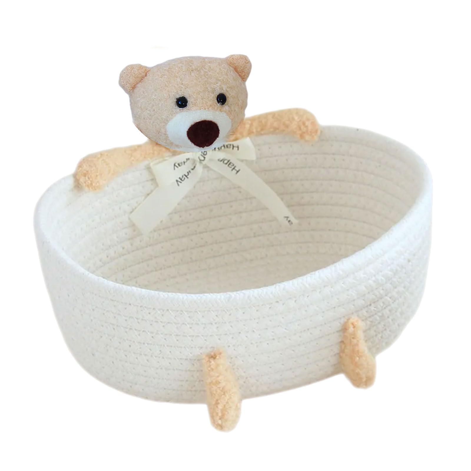 Kalttoy Milk White Bear Functional Handwoven Storage Boxes Artisanal Cotton Rope Storage Boxes Space Saving Organizers For Nursery Or Dorm Blanket Holder Basket