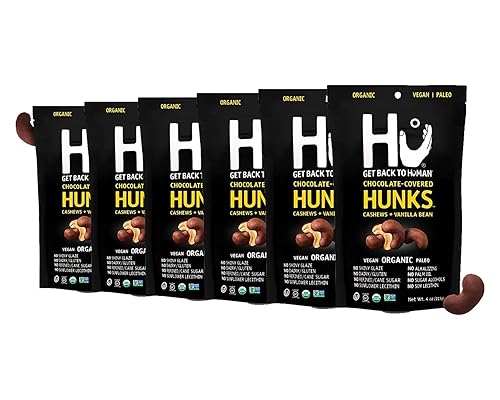 Hu Hunks - Anacardos veganos cubiertos de chocolate con vainilla, paquete de 6, sin OMG, sin gluten, paleo, chocolate negro orgánico