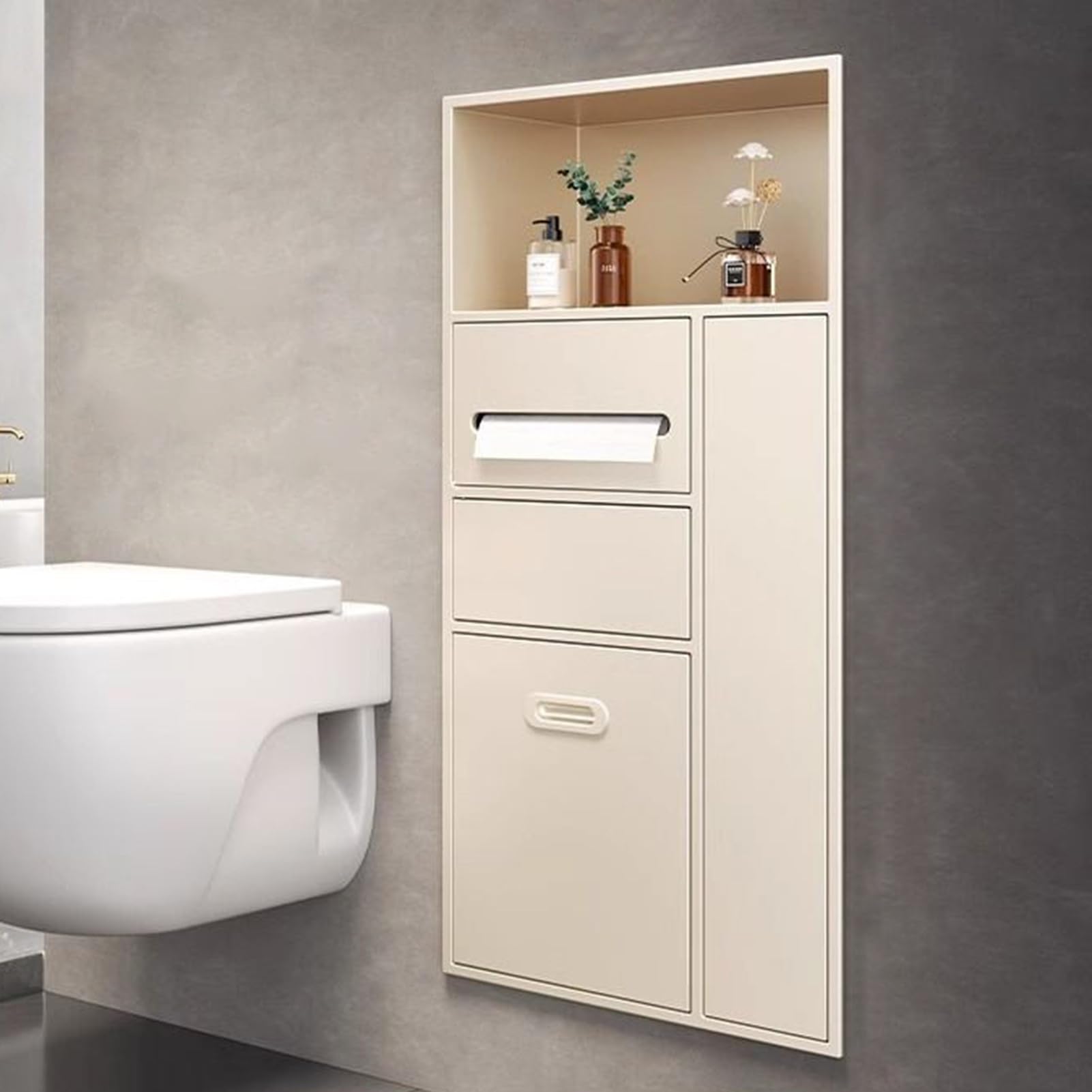 TIANQIHAO Stainless Steel Wall-Mounted Shower With Paper Towel Dispenser & Trash Can, Bathroom Sto Nizer & Toilet Brush Holder - Grey,Milky White