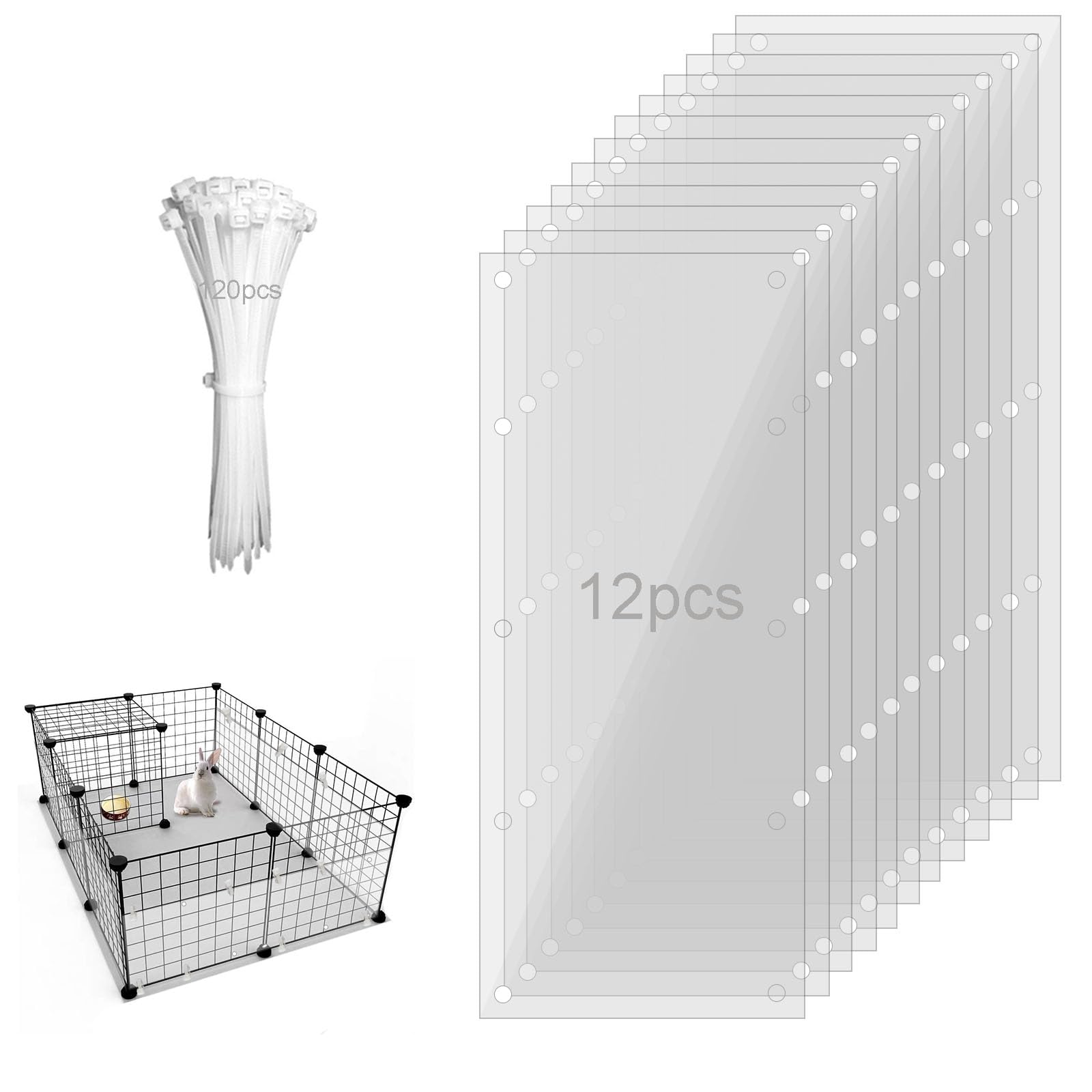 12 Piezas de Forro de Bordes de Jaula para Mascotas, 35 x 12 cm, Forros de protección para Jaula de Conejo con 120 Piezas de Lazos para Conejo, cobaya, hámster y Otros Animales pequeños