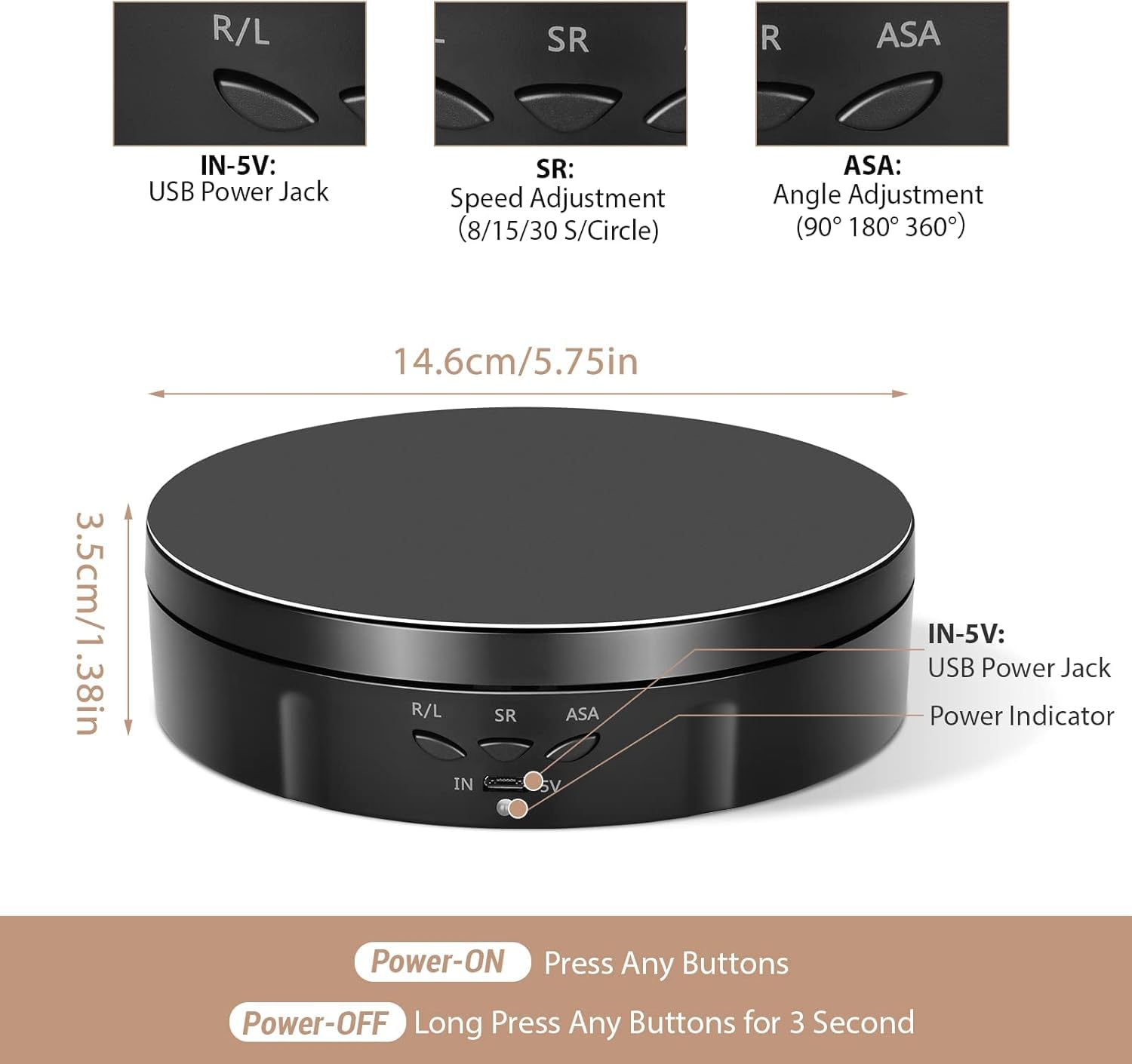 Espositore Girevole Elettrico 10KG 14,6CM, Base Girevole Elettrica con Batteria Ricaricabile, Piatto Girevole Elettrico de 360° con Velocità Regolabile per Esposizione Prodotti