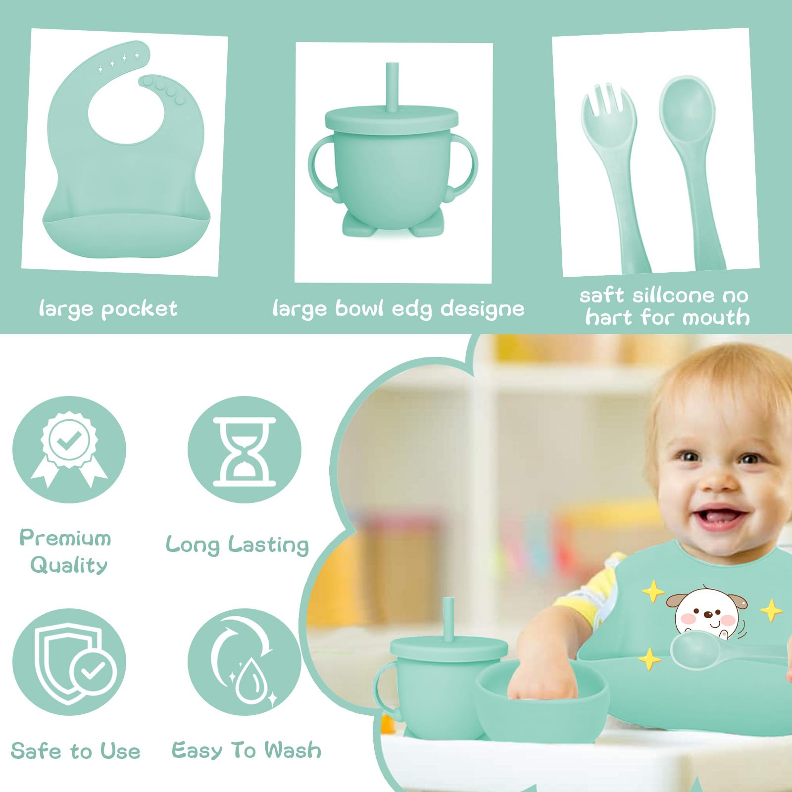 12 Pezzi Set Pappa Svezzamento, Svezzamento Set Silicone Piatto,Set Pappa per Bambino,Set di Posate per Bambini Antiscivolo con Ventosa Piatto Ciotola Tazza Bavaglino Cucchiaio Forchetta (Menta)