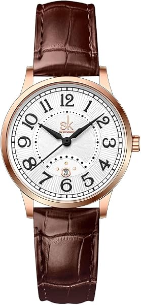 SHENGKE SK Classic Business Women Zegarki z paskiem ze stali nierdzewnej i prawdziwej skóry, elegancki damski zegarek z kalendarzem